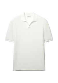 Weißes Poloshirt aus strukturiertem Stoff, mit klassischem Kragen, kurzen Ärmeln und geradem Saum.