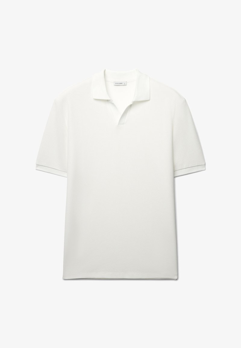 Weißes Poloshirt aus strukturiertem Stoff, mit klassischem Kragen, kurzen Ärmeln und geradem Saum.
