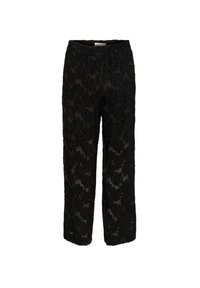 Pantalones de encaje negro con un patrón floral, de longitud corta, con cintura elástica y textura transparente, que presentan detalles bordados intrincados.