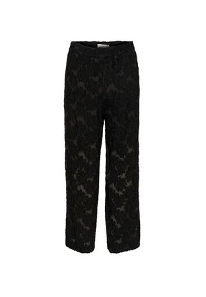 Pantaloni neri in pizzo con motivo floreale, lunghezza cropped, vita elastica e texture trasparente, con dettagli ricamati intricati.