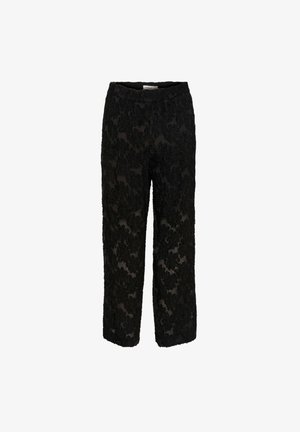 Schwarze Spitzenhose mit floralem Muster, 3/4-Länge, elastischem Bund und transparenter Textur, die mit komplizierten gestickten Details versehen ist.