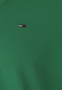 Zöld pamut póló, kicsi hímzett logóval piros, fehér és fekete színekben, a bal mellel párhuzamosan elhelyezve. Kerek nyakkivágás.