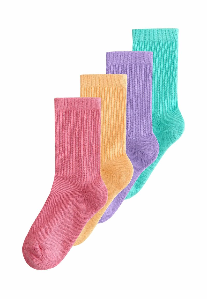 Vier Paare von Kniestrümpfen in Pink, Orange, Lila und Türkis. Das Material scheint weich zu sein, mit einer gerippten Textur und einheitlichen Farben.