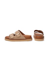 Beige slidesandaler med dobbelt justerbare spænder, struktureret sål og brune detaljer. Har en tyk platform for komfort.