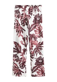 Pantalon blanc avec taille élastique comportant de grands motifs de feuilles tropicales et de fleurs marron foncé.
