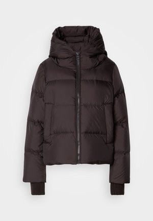 Black padded jacket with front zipper, large hood, side pockets, and ribbed cuffs on the sleeves.