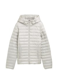 Lichtgrijze gewatteerde jas met capuchon, ritssluiting, twee voorzakken en een doorgestikte textuur voor extra isolatie.