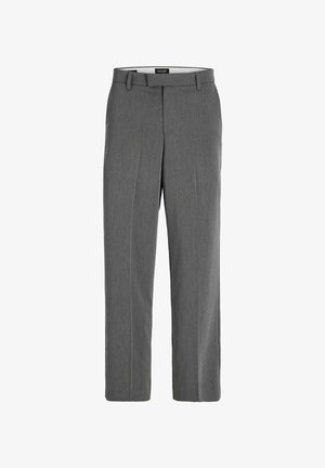 Szare spodnie o gładkiej teksturze, prostym kroju nogawek i subtelnym wzorze pionowym. Posiadają szlufki na pasek oraz kieszenie z przodu i z tyłu.