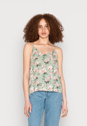 Top sem mangas floral em verde claro com rosas rosas e brancas. Tecido suave, design de decote em v, alças finas ajustáveis, corte solto.