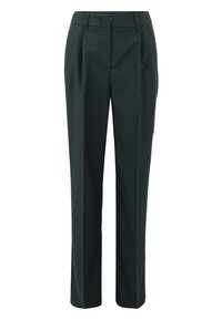 Pantalons habillés vert foncé, design ajusté, devant plat, jambes droites, en tissu lisse, avec passants de ceinture et fermeture éclair.