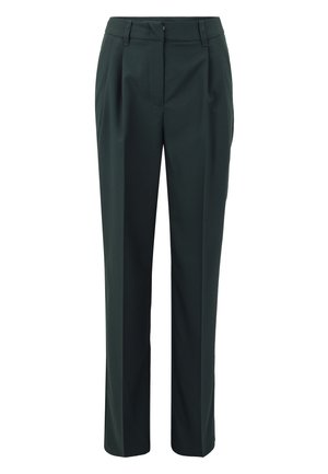 Pantalons habillés vert foncé, design ajusté, devant plat, jambes droites, en tissu lisse, avec passants de ceinture et fermeture éclair.