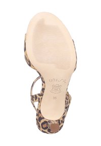 Leder-Sandalette im Leopardenmuster mit beiger Sohle, rechteckigem Absatz und verstellbarem Riemen. Strukturierte Sohle für besseren Grip, Größe 35.