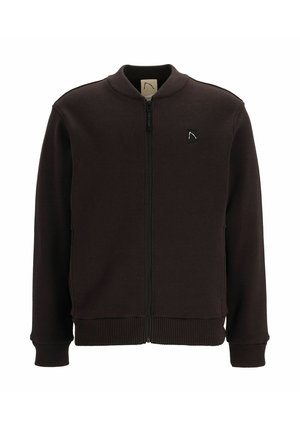 Dunkelbrauner Full-Zip-Pullover mit Rippenbündchen und -saum, Stehkragen und kleinem Logo-Patch auf der linken Brust.