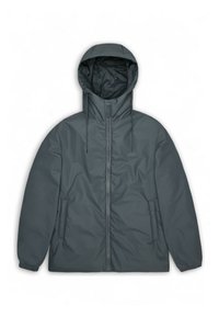 Gewatteerde jas in donkergrijs, voorzien van een capuchon, ritssluiting aan de voorkant en zijzakken. Gladde textuur en elastische manchetten voor een nauwsluitende pasvorm.