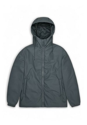 Veste matelassée gris foncé, dotée d'une capuche, d'une fermeture éclair à l'avant et de poches latérales. Texture lisse et poignets élastiques pour un ajustement confortable.