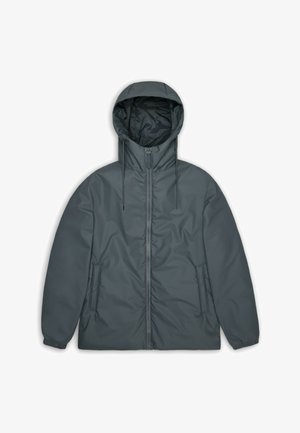 Veste matelassée gris foncé, dotée d'une capuche, d'une fermeture éclair à l'avant et de poches latérales. Texture lisse et poignets élastiques pour un ajustement confortable.