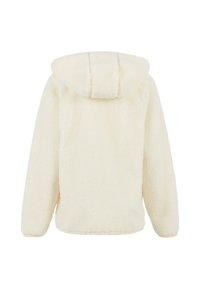 Giacca in sherpa felpato color crema con cappuccio mostrata dal retro, con maniche lunghe e un tessuto testurizzato e soffice.