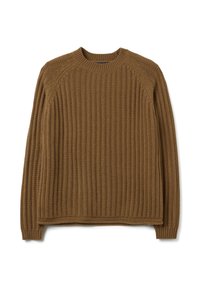 Geribbelde bruine trui met een ronde hals, lange mouwen en een kastvorm. Heeft een gestructureerde stof en een rechte onderzoom.