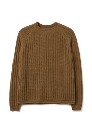 Jersey marrón acanalado con cuello redondo, mangas largas y forma cuadrada. Presenta tela texturizada y un dobladillo inferior recto.