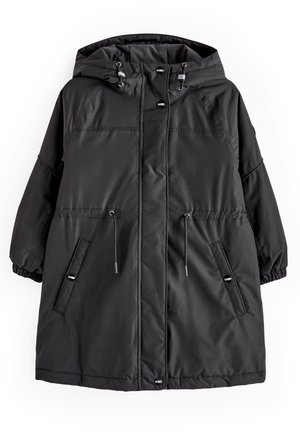 Parka imbottito nero con cappuccio, polsini elasticizzati, due tasche frontali, coulisse per la regolazione e tessuto dalla texture liscia.
