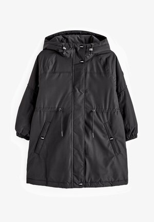 Czarna pikowana parka z kapturem, elastycznymi mankietami, dwoma przednimi kieszeniami, regulacją na troki oraz gładką fakturą tkaniny.
