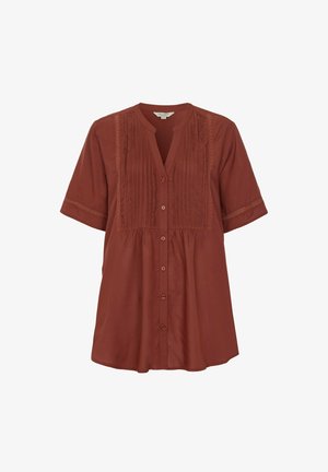 Rustbrun kortærmet bluse med knapper foran, smalkanter og blonde detaljer på brystet og ærmerne, afslappet pasform med rund krave.