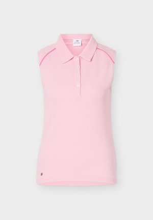 Bezrukávová svetloružová polokošeľa s golierom a štyrmi gombíkmi, so subtílnym lemovaním na ramenách.