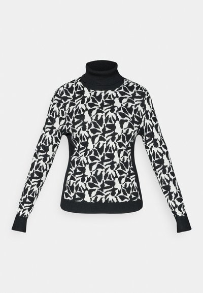 Crni džemper s rolkom s bijelim apstraktnim uzorkom listova. Mekani pamučni materijal, uski kroj s dugim rukavima i rebrastim manžetama.