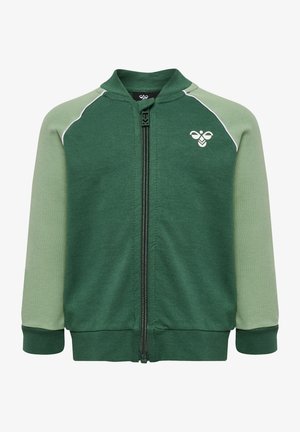Grøn zip-up jakke med lysegrønne ærmer, ribbede manchetter og krave. Har hvide pipinger og et lille logo på brystet. Blødt stof.