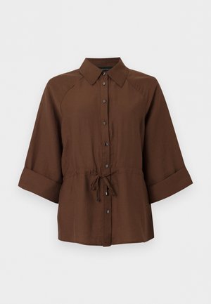 Braunes Hemd zum Knöpfen mit breiten Dreiviertelärmeln und verstellbarem Taillenband, mit spitzem Kragen.