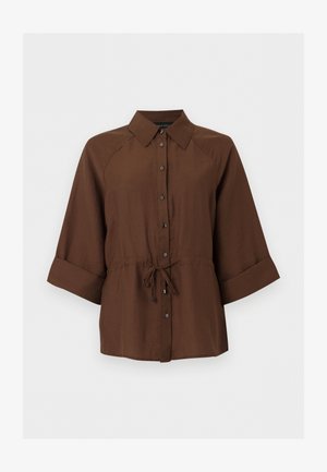 Braunes Hemd zum Knöpfen mit breiten Dreiviertelärmeln und verstellbarem Taillenband, mit spitzem Kragen.