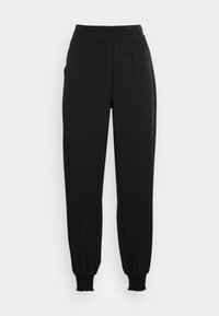 Svarta, elastiska joggers med en slät tygfinish, featuring en hög midja och samlade fållar vid anklarna. Klassisk, avslappnad passform.