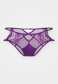 Violetiniu nėriniu ir tinklu pagaminti moteriški apatiniai, su dekoratyvinėmis juostelėmis ir auksiniu žavesiu centriniame priekyje.