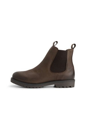 Bottines Chelsea en cuir marron avec panneaux élastiques noirs sur les côtés, tirants à l'avant et à l'arrière, et une semelle crantée.