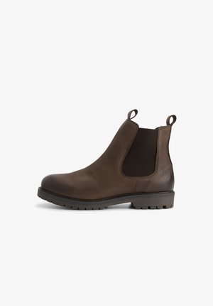 Braune Leder Chelsea-Boots mit schwarzen elastischen Seitenpaneelen, Zuglaschen vorne und hinten sowie einer profilierten Sohle.