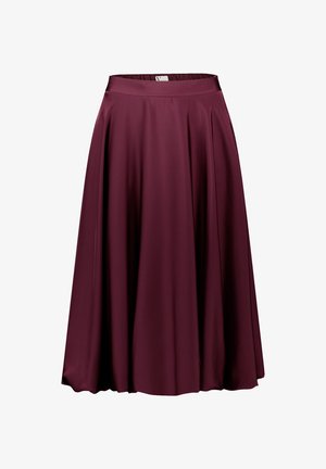 Gonna A-line color bordeaux realizzata in tessuto liscio e fluido. Presenta una ampia vita elasticizzata e pieghe per un maggiore volume e movimento.