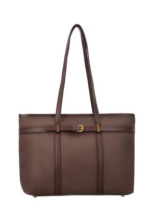 Borsa tote rettangolare marrone con manici lunghi, materiale testurizzato e una fascia decorativa con fibbia dorata sulla parte anteriore superiore.