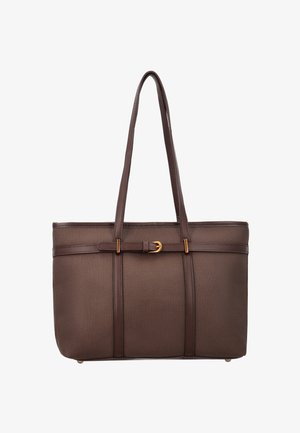 Bruine rechthoekige draagtas met lange handvatten, getextureerd materiaal en een decoratieve gouden gesp op de voorkant bovenaan.