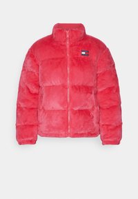 Pink faux fur puffer jacket with a high collar, zip closure, and horizontal quilted design. Features a small brand logo on the chest.