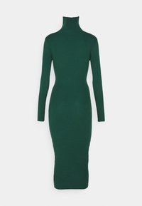 Grünes, geripptes Strickkleid mit hohem Kragen, langen Ärmeln und figurbetontem Design. Glatte Textur und mittellange Schnittform. Minimalistischer Stil.