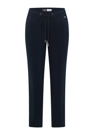 Marineblauwe casual broek met elastische tailleband, voorste trekkoord en rechte pijpen, gelabeld "Cecil."