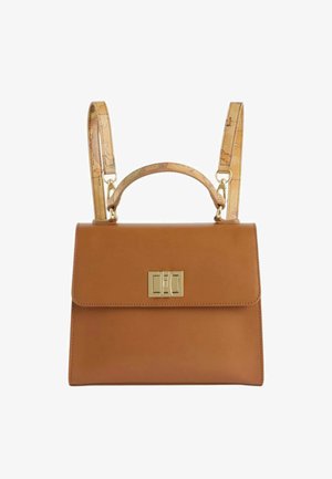 Borsa a mano in pelle marrone dalla forma strutturata, con hardware dorato e una tracolla regolabile a fantasia, dotata di chiusura a patta e superficie liscia.