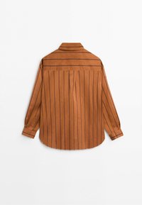 Long-sleeve brown shirt with vertical thin black stripes, buttoned cuffs, and a collar, viewed from the back on a white background.