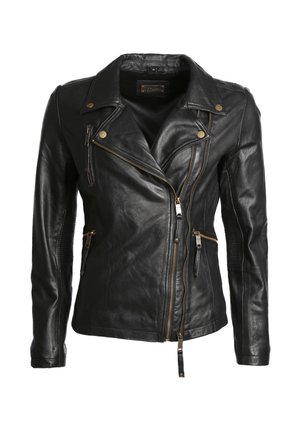 Zwarte leren motorjack met een ritssluiting aan de voorkant, meerdere ritszakken en accenten van goudkleurig beslag. Glad materiaal en getailleerde pasvorm.