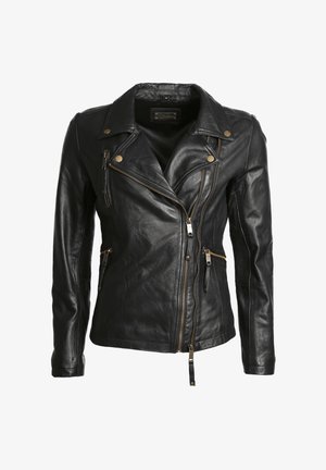 Zwarte leren motorjack met een ritssluiting aan de voorkant, meerdere ritszakken en accenten van goudkleurig beslag. Glad materiaal en getailleerde pasvorm.
