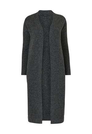 Cardigan largo y abierto por delante, hecho de un material de punto gris oscuro. Cuenta con mangas largas y un corte holgado. Sin botones ni cierres visibles.