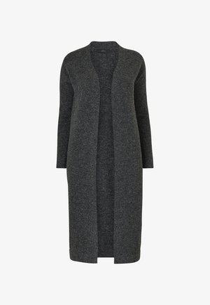 Lang, åben front cardigan lavet af mørkegrå strikket materiale. Har lange ærmer og en afslappet pasform. Ingen knapper eller synlige lukninger.