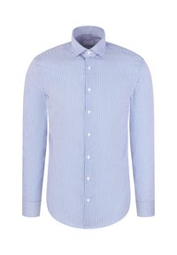 Camicia bianca con righe verticali azzurro chiaro, maniche lunghe, colletto con bottoni e chiusura frontale con bottoni. Tessuto dalla superficie liscia.
