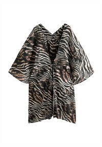 Kimono z zebričastim vzorcem v črno-beli barvi, s kratkimi rokavi, V-izrezom in zavezovanjem spredaj. Lahka tkanina z gladko teksturo.