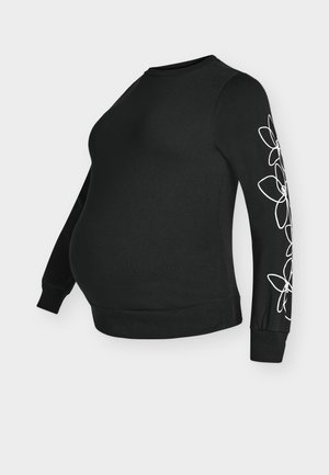 Black sweatshirt with long sleeves, featuring a round neckline and white floral embroidery on the left sleeve. Made from soft cotton fabric.